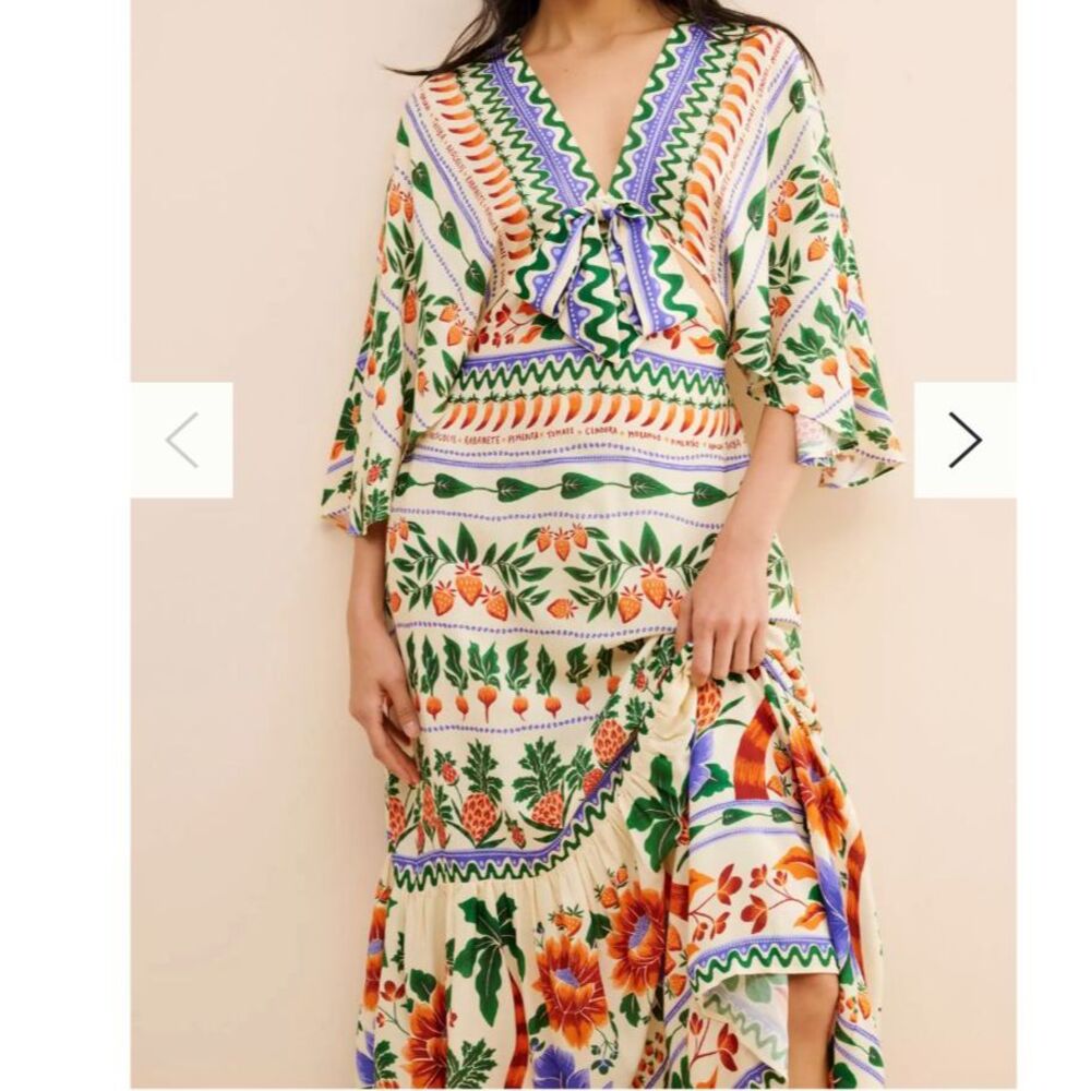 Farm Rio Floral V-Neck Kaftan Maxi Cut-Out Dress Large Boho Festive Cottage